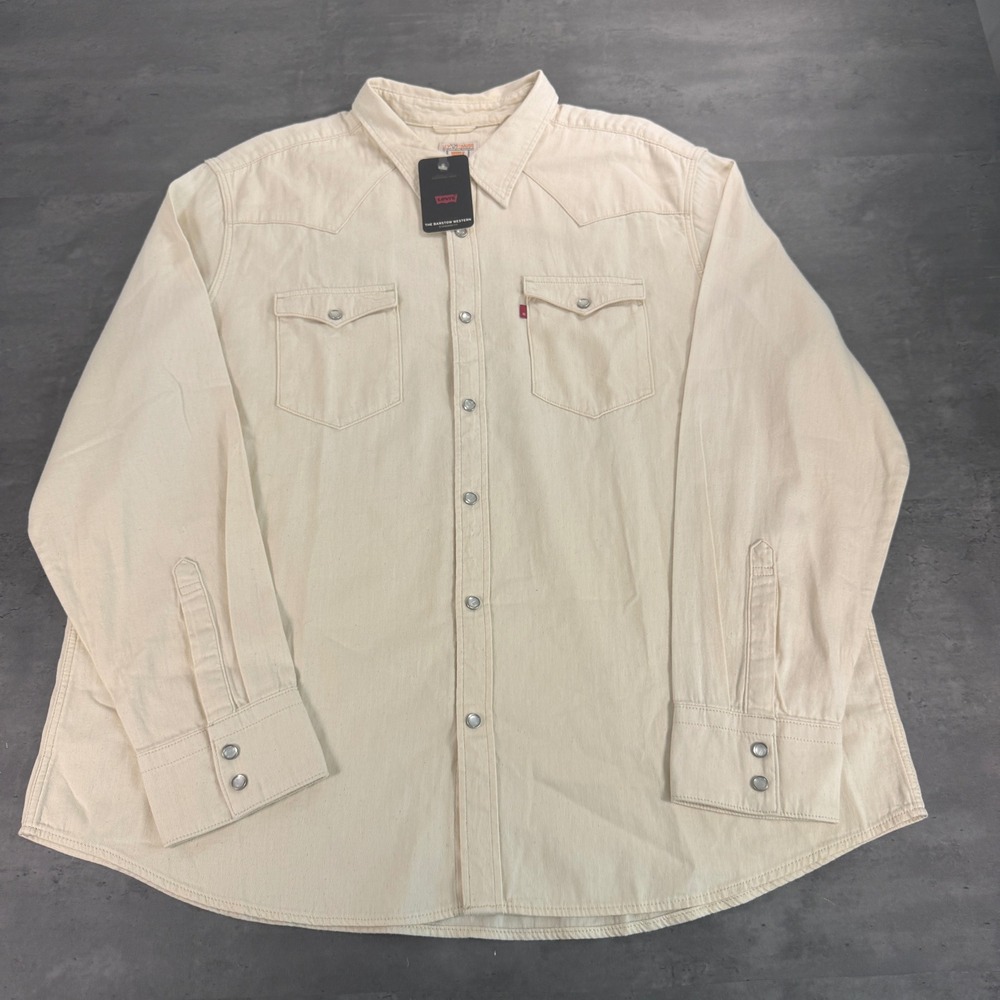 Levis Barstow Western Shirt Mens 2XL Cream Denim Pearl Snap Long Sleeve Button